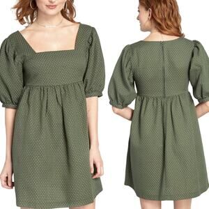 Modcloth Sunset Soiree Mini Dress Swiss Polka Dot Puff Sleeve Babydoll Green 10